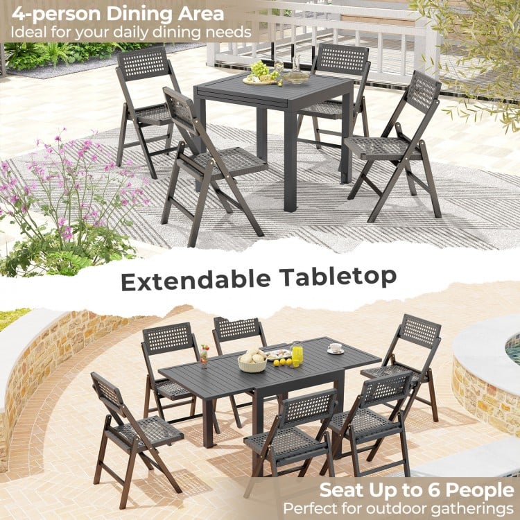 Expandable patio dining table in grey, seats 4-6, crafted from rustproof aluminum, ideal for indoor and outdoor.